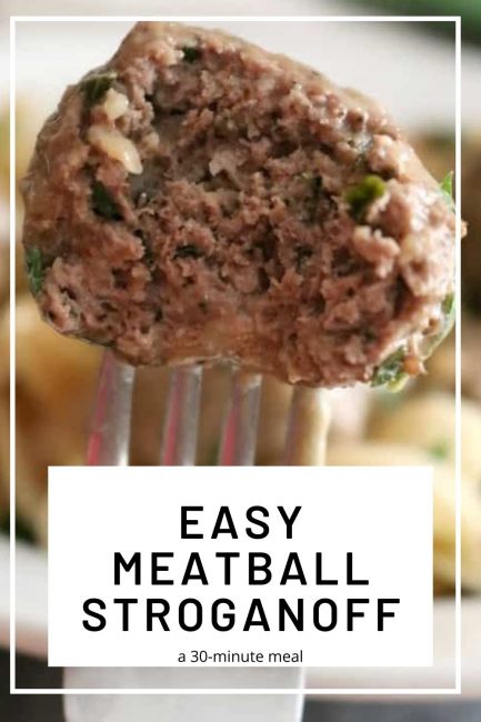A pin image for easy meatball stroganoff.
