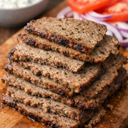 Homemade Gyro Meat (Better Than Takeout) 7 Close up of sliced homemade gyro meat made with lamb and beef on a cutting board with tzatziki tomato and red onion.