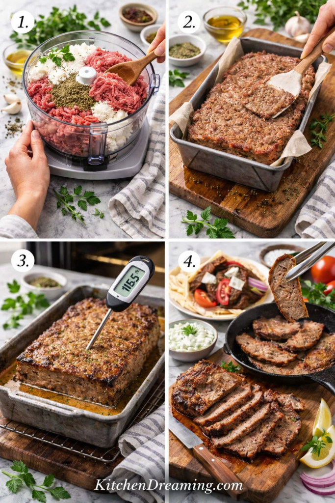 Homemade Gyro Meat (Better Than Takeout) 2 Four step collage showing how to make homemade gyro meat with lamb and beef from mixing to baking to slicing and serving.