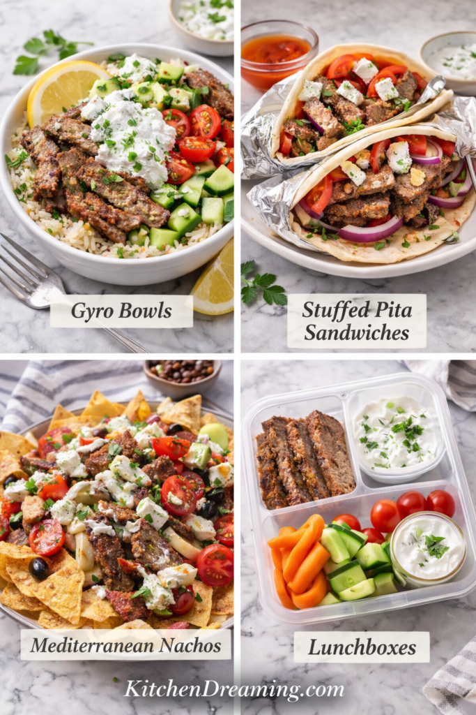 Homemade Gyro Meat (Better Than Takeout) 4 Four panel collage of leftover homemade gyro meat ideas including gyro bowls stuffed pita sandwiches Mediterranean nachos and lunchboxes.