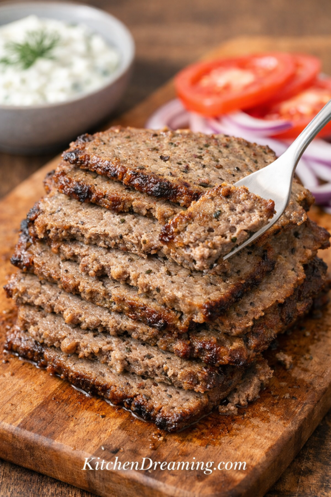 Homemade Gyro Meat (Better Than Takeout) 5 Close up of sliced homemade gyro meat made with lamb and beef on a cutting board with tzatziki tomato and red onion.