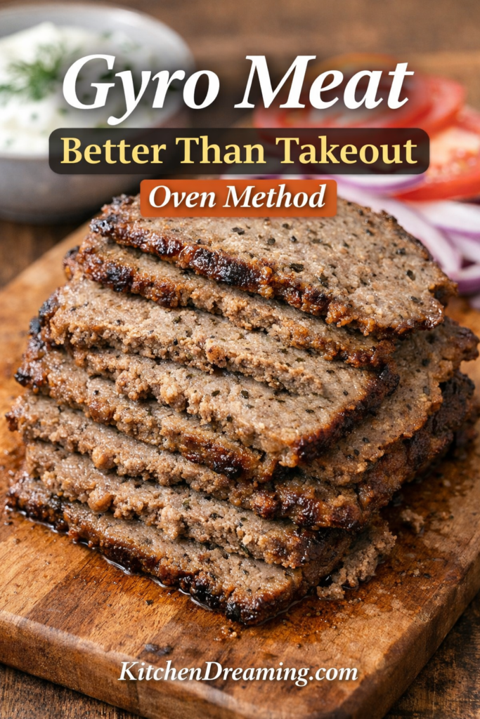 Homemade Gyro Meat (Better Than Takeout) 8 Close up of sliced homemade gyro meat made with ground lamb and beef, oven baked and served with tzatziki.