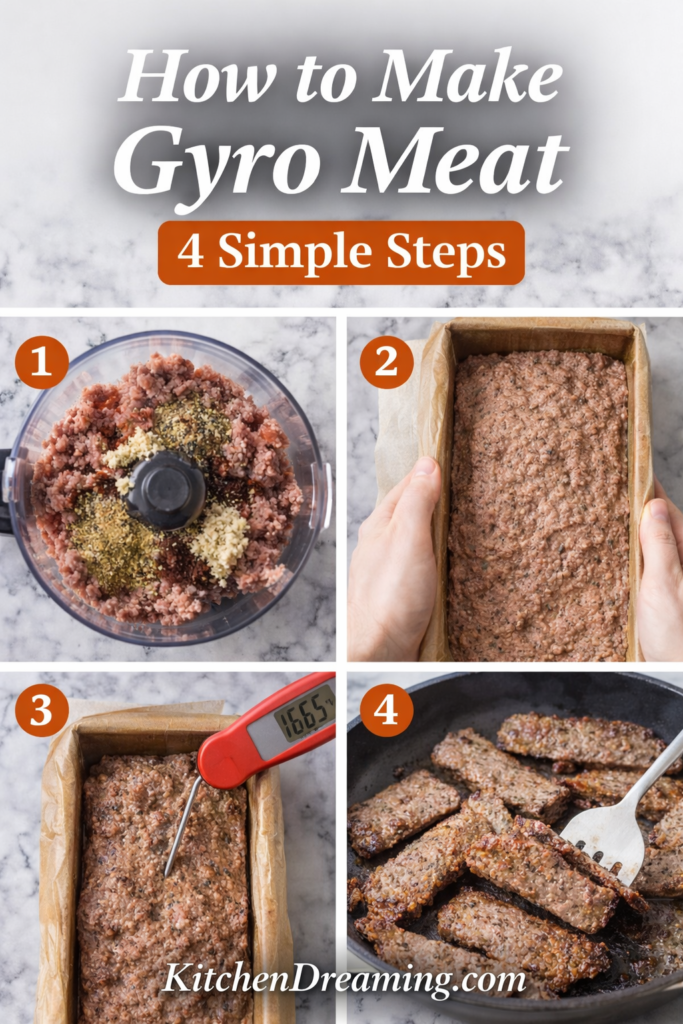 Homemade Gyro Meat (Better Than Takeout) 9 Four step collage showing how to make homemade gyro meat from mixing and baking to slicing and pan searing.