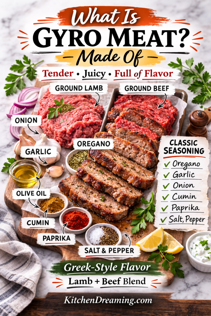 Homemade Gyro Meat (Better Than Takeout) 10 Labeled ingredient flat lay showing ground lamb, ground beef, garlic, onion, oregano, and spices for homemade gyro meat.