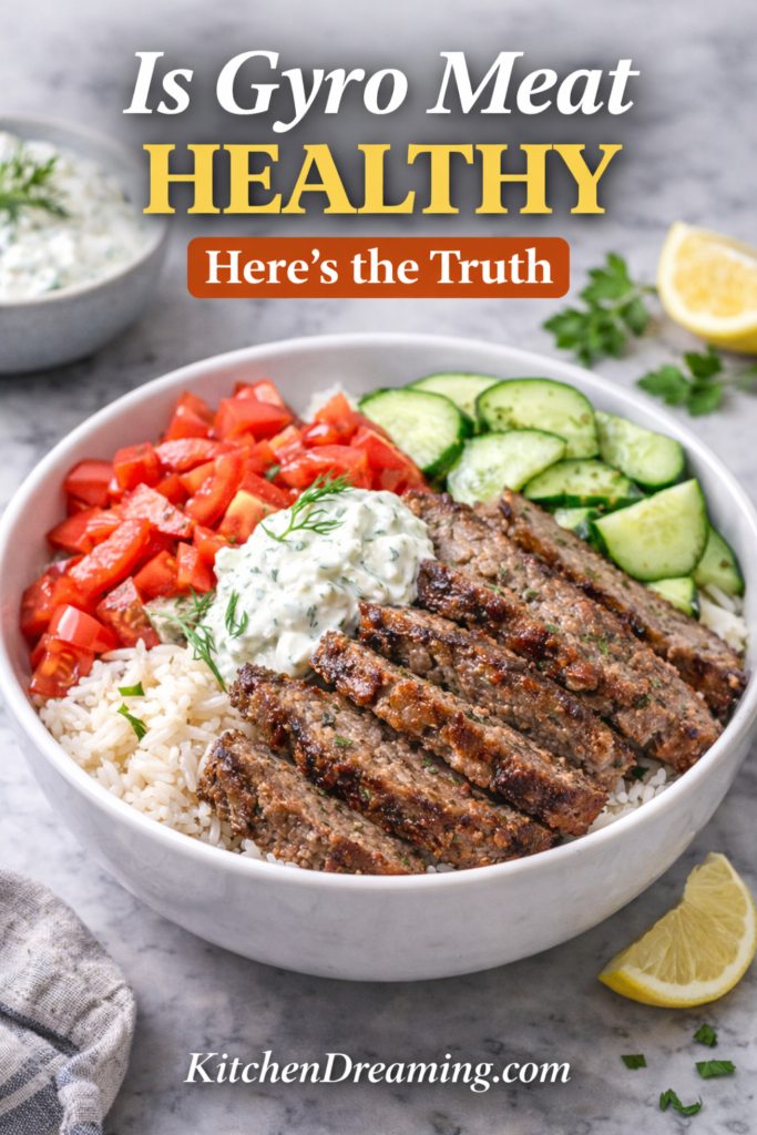 Homemade Gyro Meat (Better Than Takeout) 11 Gyro bowl with homemade gyro meat, rice, cucumber, tomato, and tzatziki showing a balanced meal option.