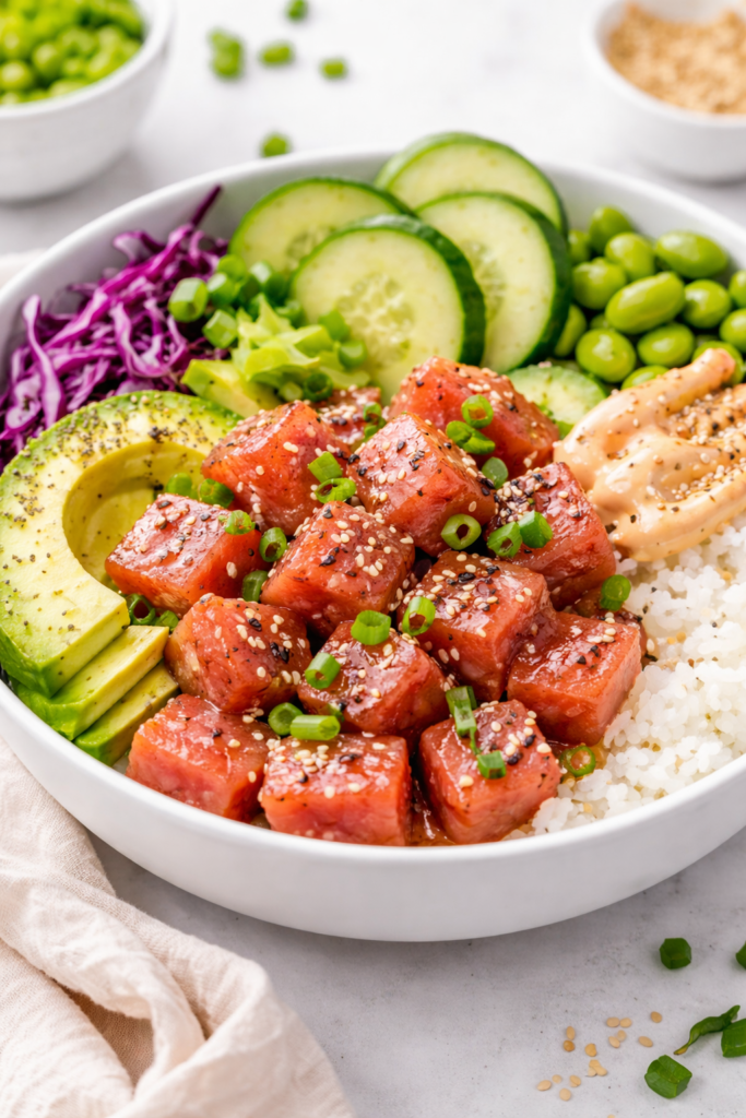Easy Ahi Poke Bowl Recipe (Hawaiian Style Tuna Bowl) 1 Ahi Poke Bowl Recipe, marinated ahi tuna over rice with avocado, cucumber, cabbage, and sesame seeds.