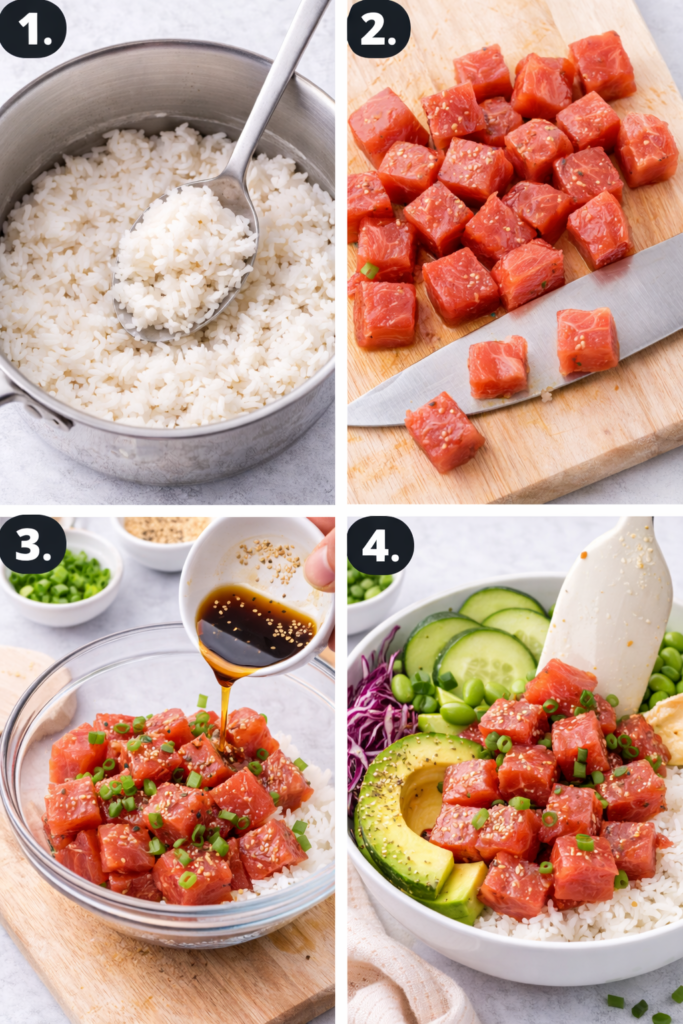 Easy Ahi Poke Bowl Recipe (Hawaiian Style Tuna Bowl) 3 Ahi Poke Bowl Recipe steps, cooked rice, cubed tuna, marinade pour, and assembled poke bowl with toppings.