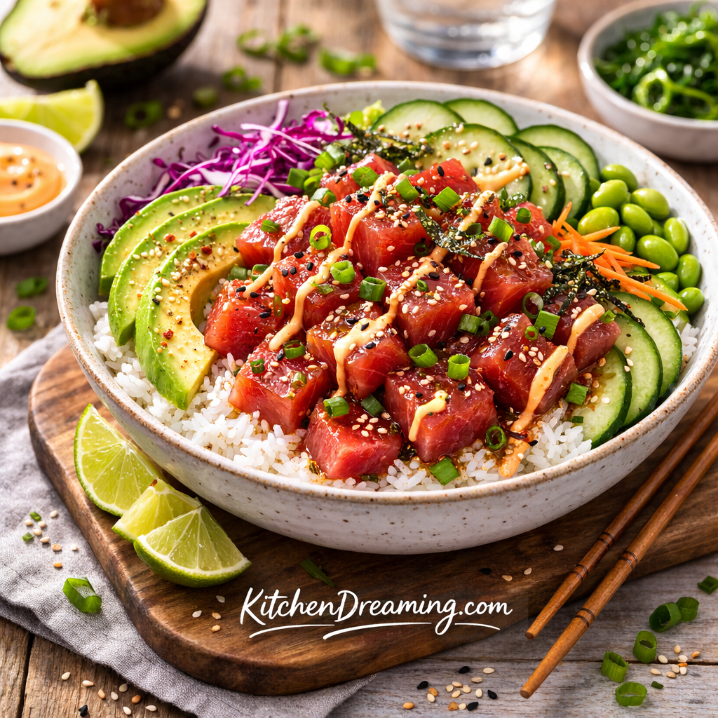 Easy Ahi Poke Bowl Recipe (Hawaiian Style Tuna Bowl) 6 Ahi Poke Bowl Recipe close up, glossy marinated tuna cubes with sesame seeds and sliced green onions.