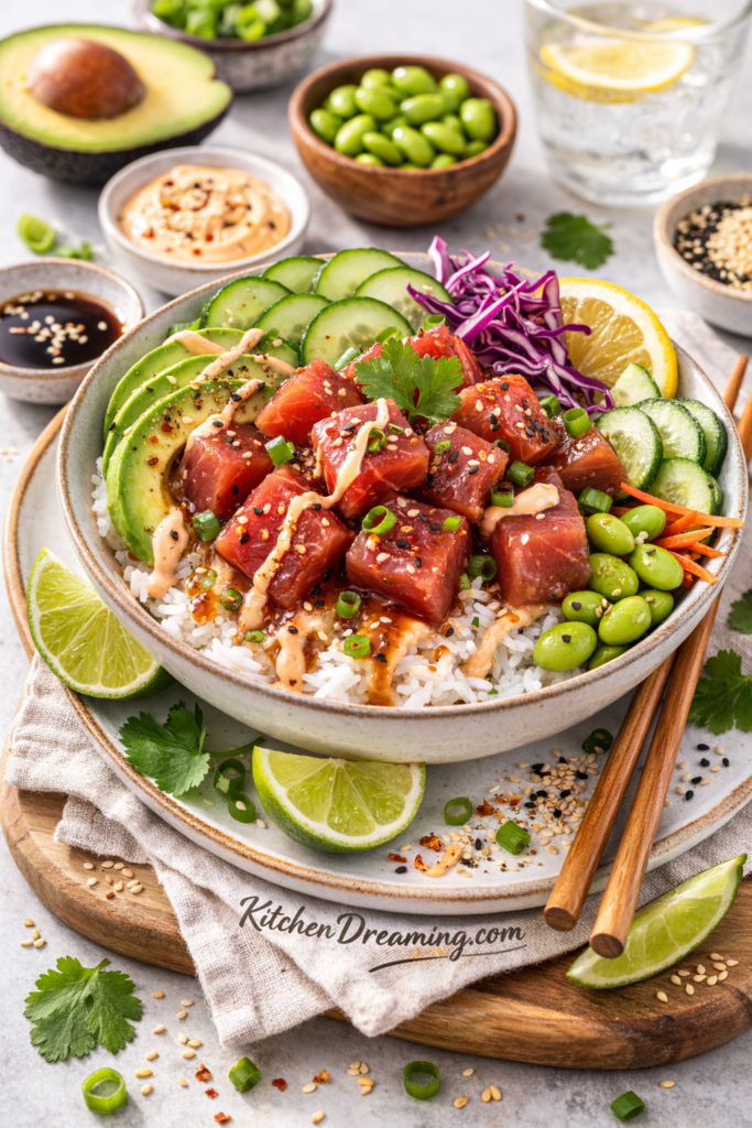 Easy Ahi Poke Bowl Recipe (Hawaiian Style Tuna Bowl) 4 Ahi Poke Bowl Recipe close up, glossy marinated tuna cubes with sesame seeds and sliced green onions.