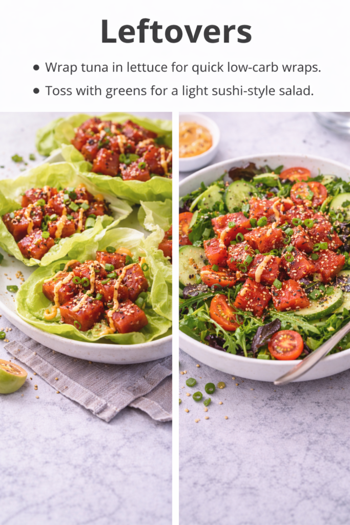 Easy Ahi Poke Bowl Recipe (Hawaiian Style Tuna Bowl) 5 Ahi Poke Bowl Recipe leftovers, tuna in lettuce wraps and tuna on a green salad with sesame topping