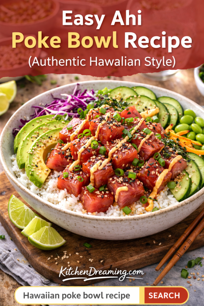 Easy Ahi Poke Bowl Recipe (Hawaiian Style Tuna Bowl) 9 Ahi Poke Bowl Recipe, marinated tuna over rice with avocado, cucumber, sesame seeds, and spicy mayo.