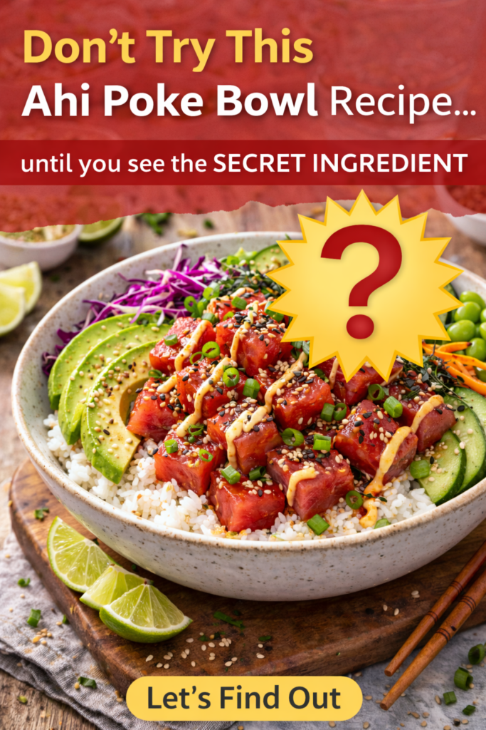 Easy Ahi Poke Bowl Recipe (Hawaiian Style Tuna Bowl) 11 Ahi Poke Bowl Recipe, close up of glossy marinated tuna with avocado slices and sesame seeds.