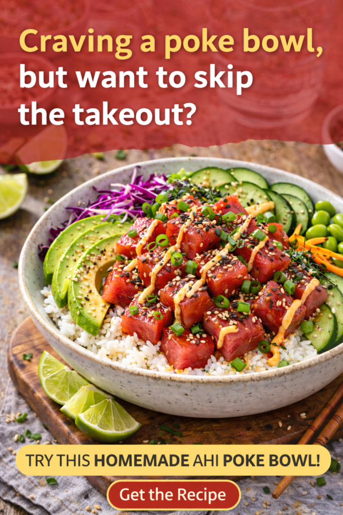 Easy Ahi Poke Bowl Recipe (Hawaiian Style Tuna Bowl) 12 Ahi Poke Bowl Recipe, homemade poke bowl with tuna, rice, avocado, cucumber, and lime wedges.