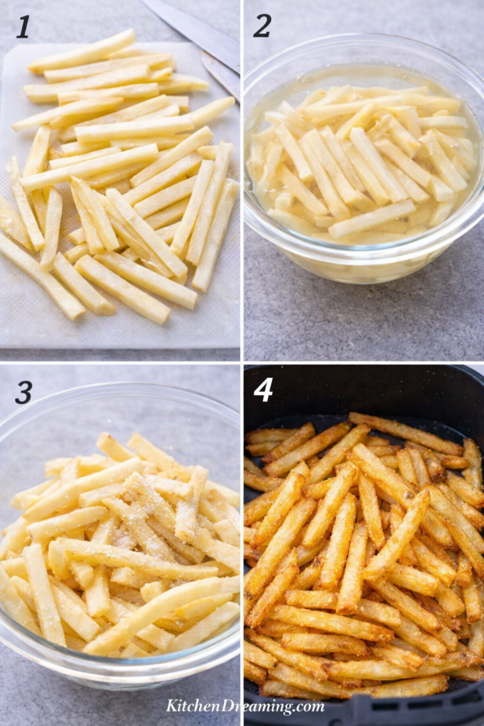 Air Fryer French Fries (No Fail - Crispy Every Time) 2 Four step collage showing how to make air fryer french fries from scratch.
