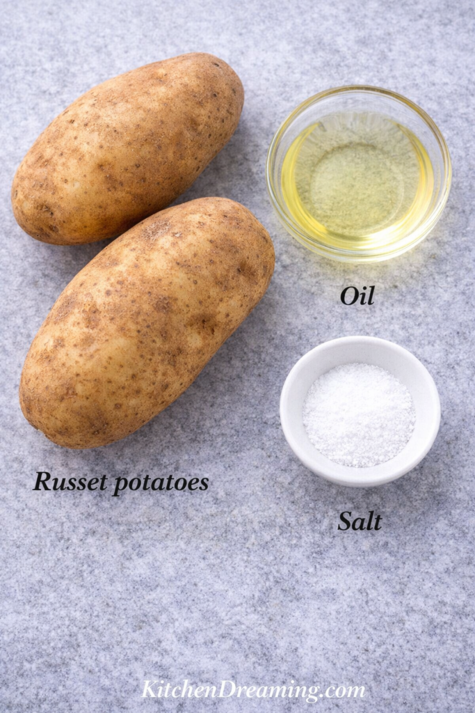 Air Fryer French Fries (No Fail - Crispy Every Time) 3 Ingredient flat lay for air fryer french fries with russet potatoes, oil, and salt labeled.