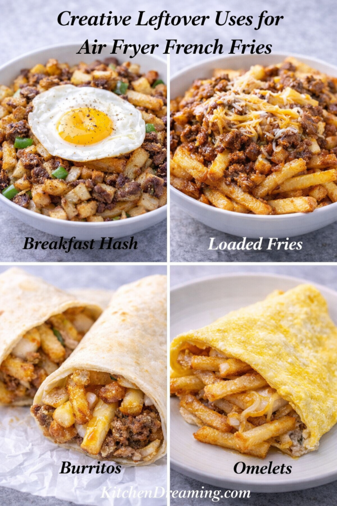 Air Fryer French Fries (No Fail - Crispy Every Time) 4 Collage of leftover uses for air fryer french fries including hash, loaded fries, burritos, and omelets.