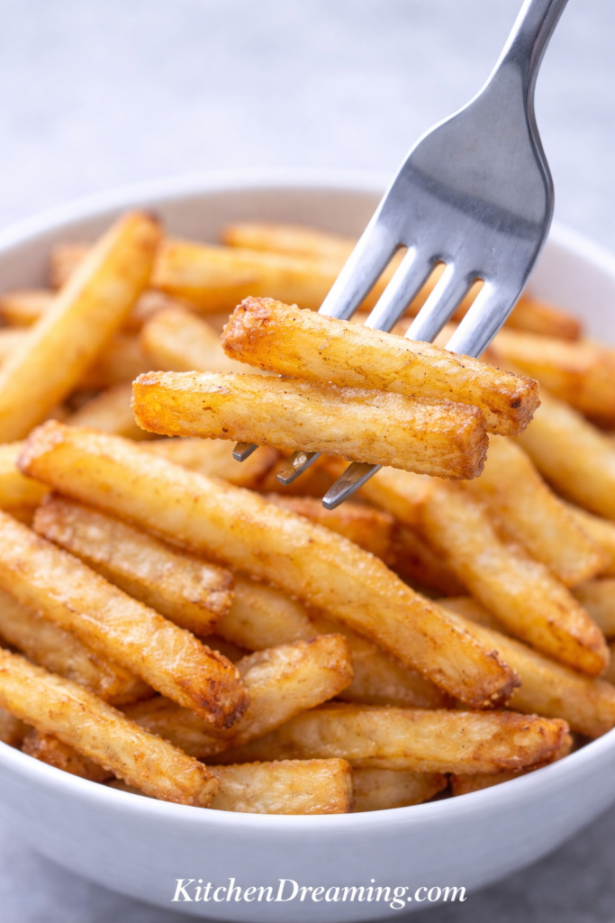 Air Fryer French Fries (No Fail - Crispy Every Time) 5 Close up texture of crispy air fryer french fries ready for dipping.