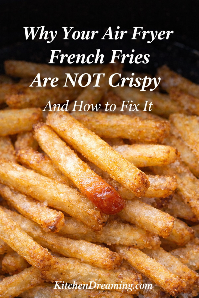 Air Fryer French Fries (No Fail - Crispy Every Time) 8 Close up of crispy air fryer french fries with text about why air fryer french fries are not crispy