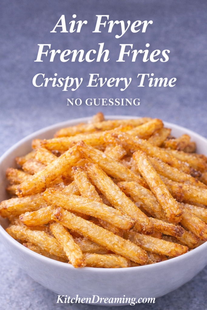 Air Fryer French Fries (No Fail - Crispy Every Time) 9 Golden crispy air fryer french fries in a bowl with text promising crispy results every time.