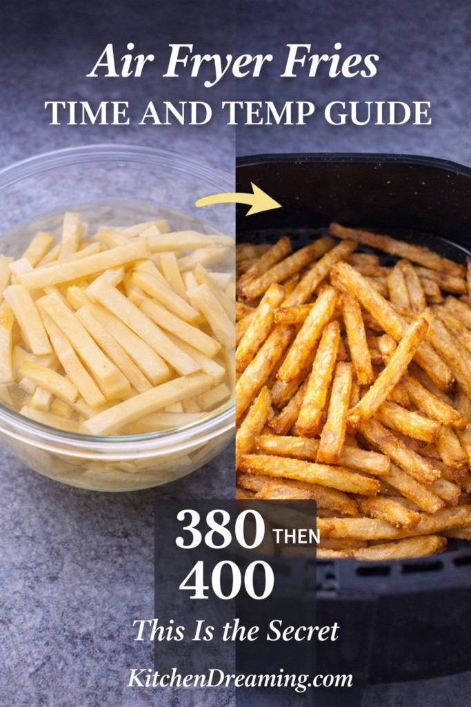 Air Fryer French Fries (No Fail - Crispy Every Time) 10 Split image showing raw and cooked air fryer french fries with time and temperature guide text.