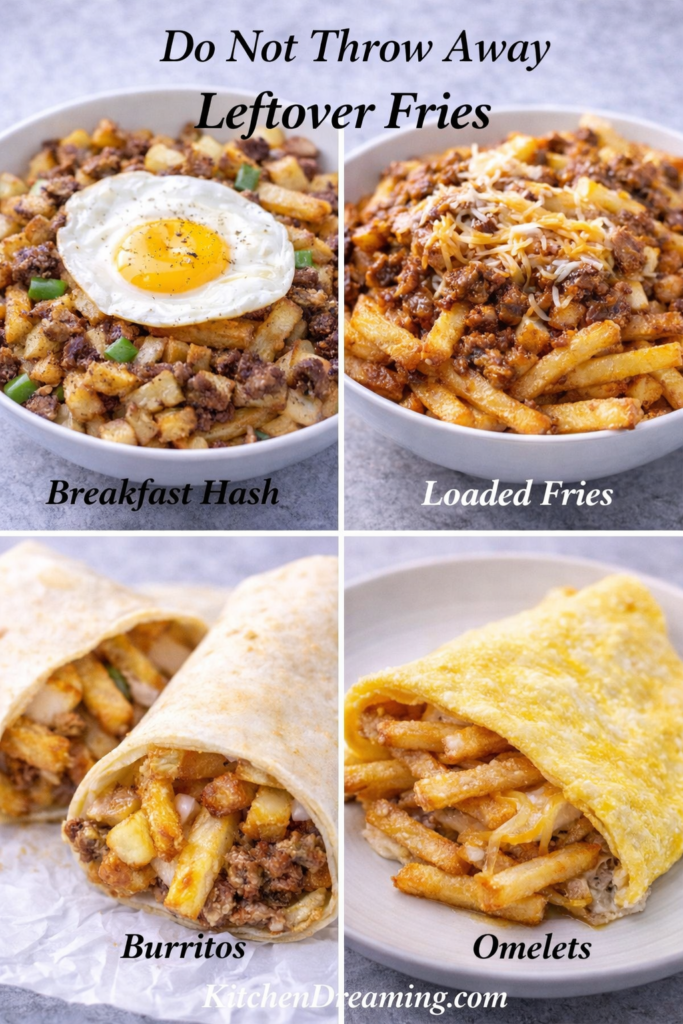 Air Fryer French Fries (No Fail - Crispy Every Time) 12 Collage of leftover air fryer french fries repurposed into hash, loaded fries, burritos, and omelets.