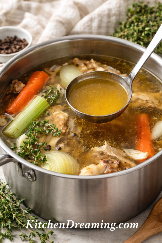 Homemade chicken stock simmering in a large stockpot with chicken bones, carrots, celery, onion, and herbs for an easy homemade chicken stock recipe.