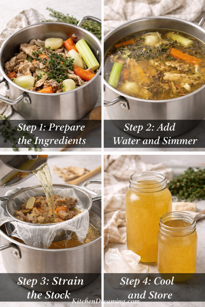 Ingredient flat lay for homemade chicken stock recipe with chicken bones, onion, carrots, celery, garlic, bay leaves, peppercorns, herbs, and water.