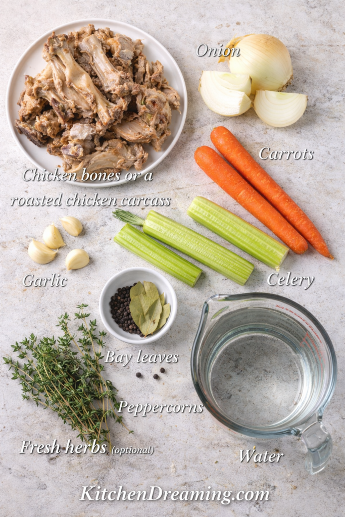 How to make homemade chicken stock collage showing prep, simmer, strain, and cool steps for homemade chicken stock from carcass.