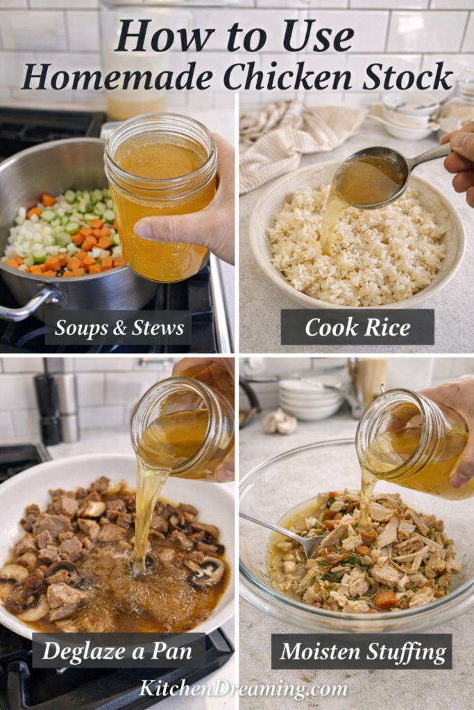 How to use homemade chicken stock collage with ideas for soups and stews, cooking rice, deglazing a pan, and moistening stuffing.