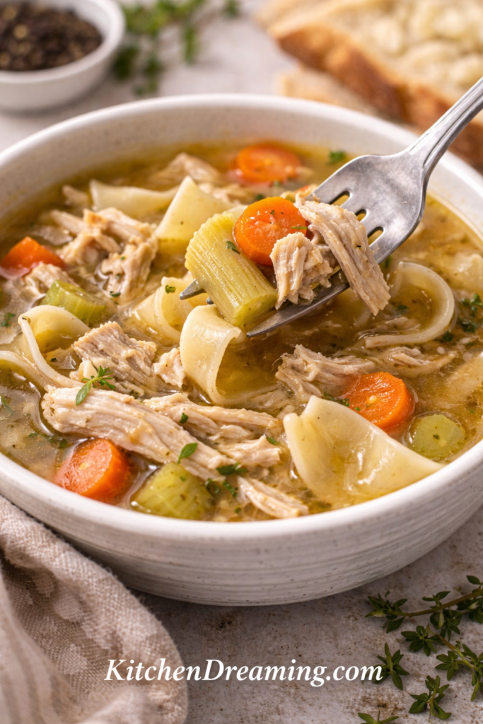 Fork bite of chicken noodle soup made with homemade chicken stock, showing golden broth, noodles, shredded chicken, carrots, and celery.