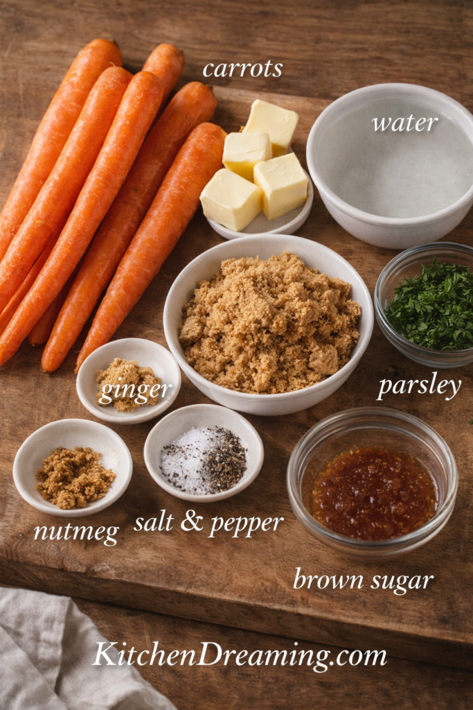 Glazed Carrots Recipe Stovetop Easy 20 Minute Method 3 glazed carrots recipe stovetop ingredients flat lay with labels and brown sugar ginger