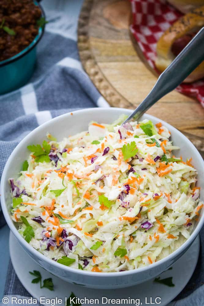 An image of a bowl of coleslaw on a picnic table.