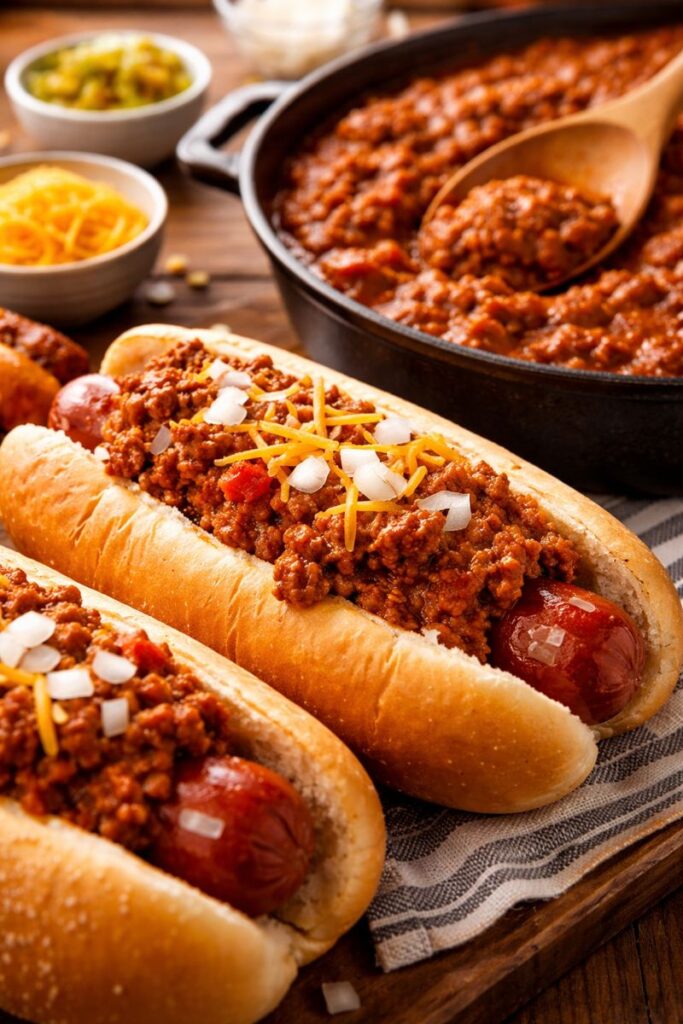 Homemade hot dog chili sauce spooned over a chili dog in a bun, an easy chili dog topping made with ground beef and tomato sauce.