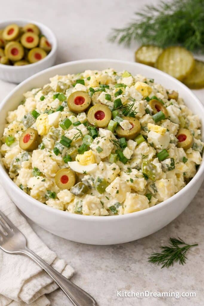 Creamy potato salad with olives and eggs served in a bowl, showing potatoes, green olives, pickles, and eggs.