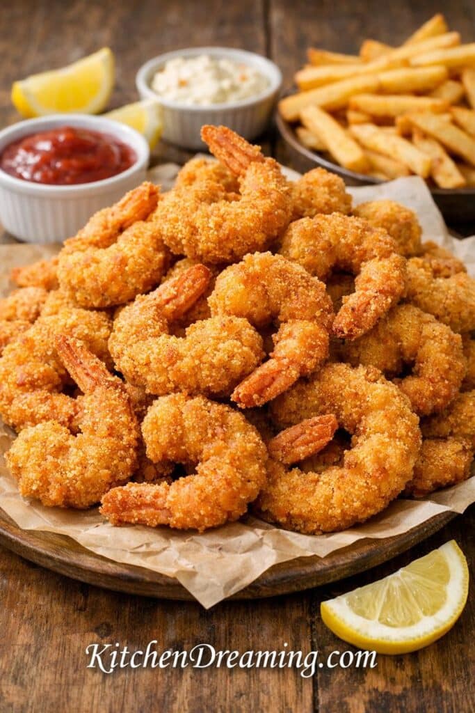 Crispy Southern fried shrimp recipe served golden brown with lemon wedges and cocktail sauce on a rustic platter.