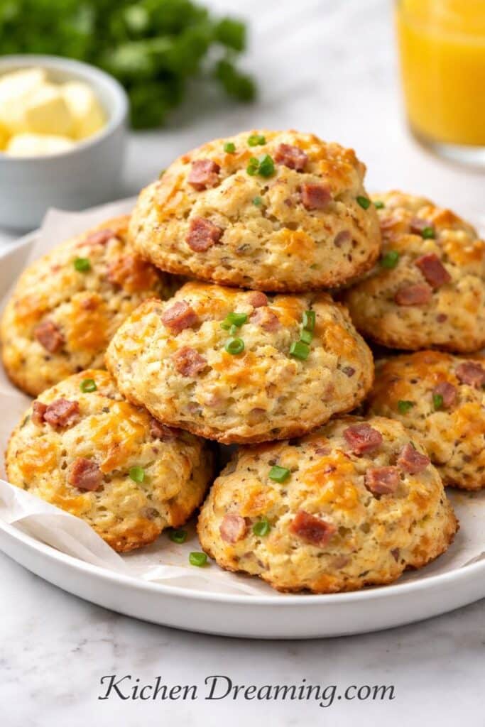 easy ham and cheese drop scones stacked on a board, showing fluffy texture and melted cheese in an easy savory scone recipe.