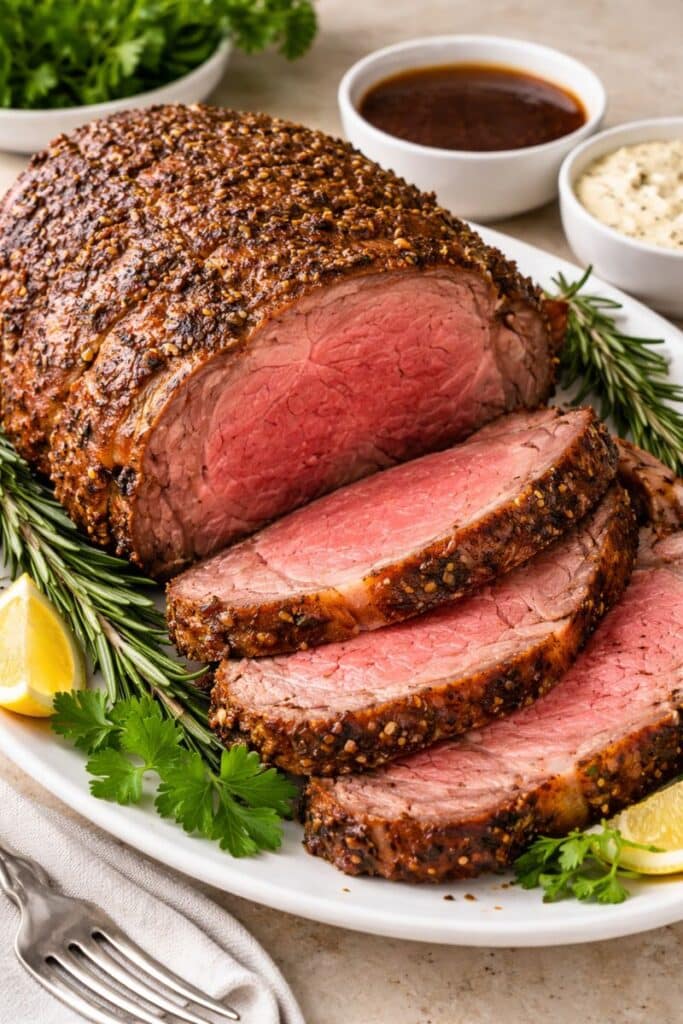 Perfect prime rib roast with herb crust sliced medium rare and served with au jus and horseradish sauce.