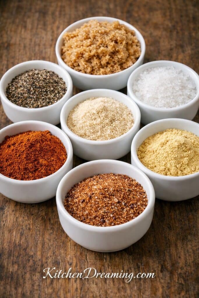 Sweet BBQ rub recipe ingredients in white bowls showing brown sugar, salt, paprika, garlic, onion, mustard, and pepper.