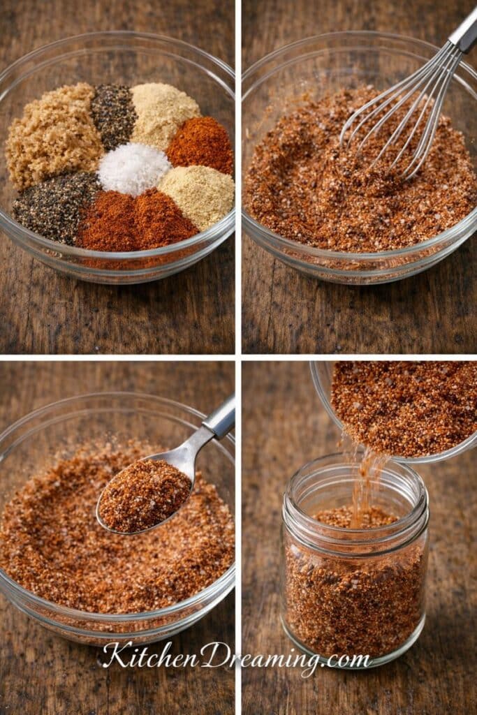 How to make sweet BBQ rub recipe collage showing spices in a bowl, whisked rub, spoonful of rub, and jar storage.