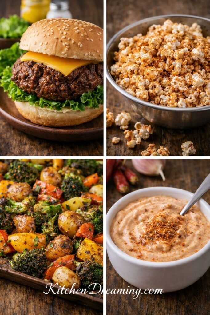 Sweet BBQ rub recipe repurpose ideas collage featuring a burger, seasoned popcorn, roasted vegetables, and BBQ dip.