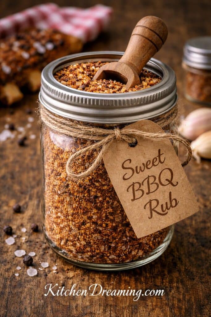 Sweet BBQ rub recipe stored in a rustic mason jar with a tag and scoop, showing the coarse BBQ seasoning blend.