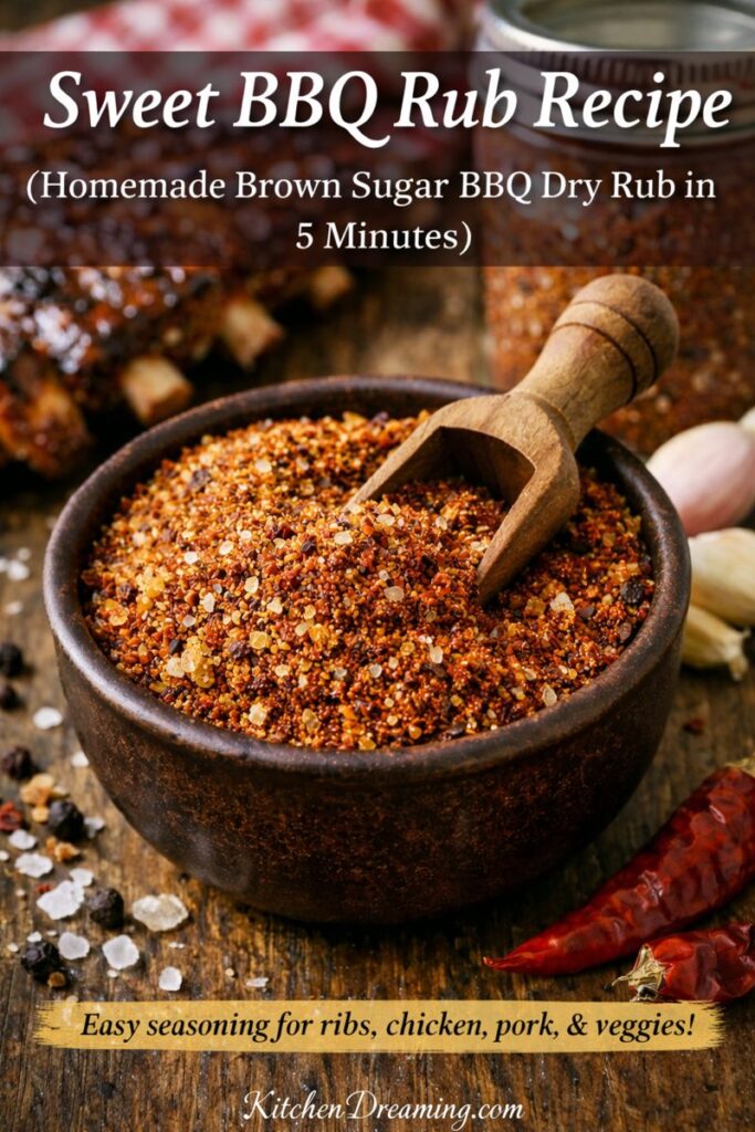 Sweet BBQ rub recipe in a rustic bowl with BBQ seasoning blend texture on a wooden surface.
