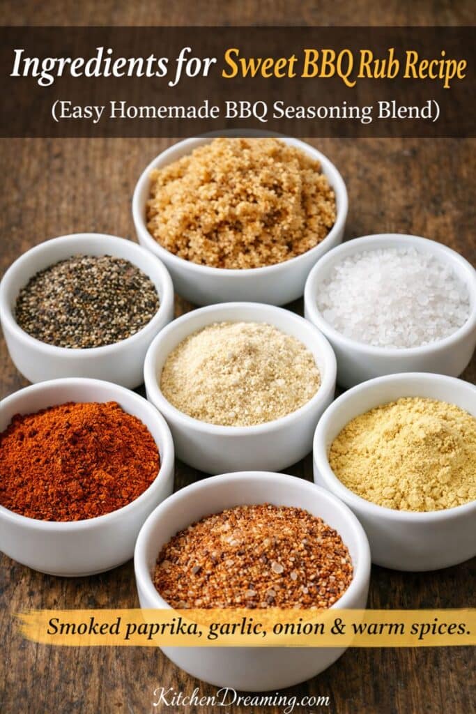 Sweet BBQ rub recipe ingredients in white bowls showing brown sugar, salt, paprika, garlic, onion, mustard, and pepper.