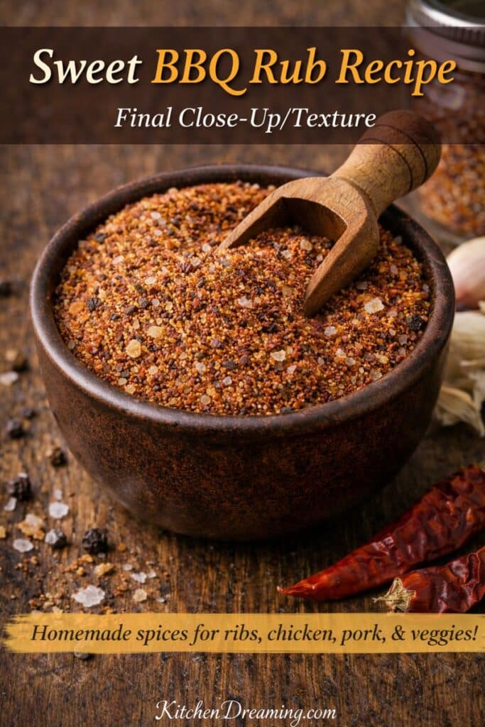 Sweet BBQ rub recipe stored in a rustic mason jar with a tag and scoop, showing the coarse BBQ seasoning blend.