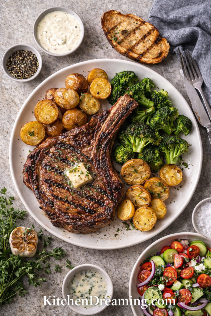 How to Grill Bone-In Ribeye Steaks (Perfect Temp Guide) 4 How to grill bone-in ribeye steaks served with roasted potatoes and broccoli.