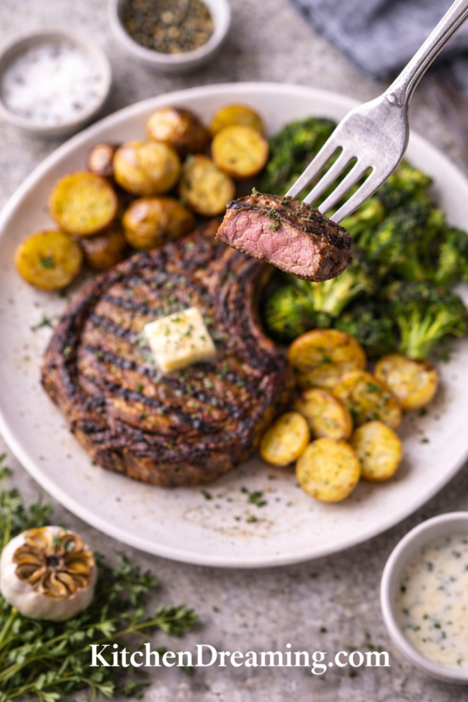 How to Grill Bone-In Ribeye Steaks (Perfect Temp Guide) 6 How to grill bone-in ribeye steaks showing juicy medium-rare texture on a fork.