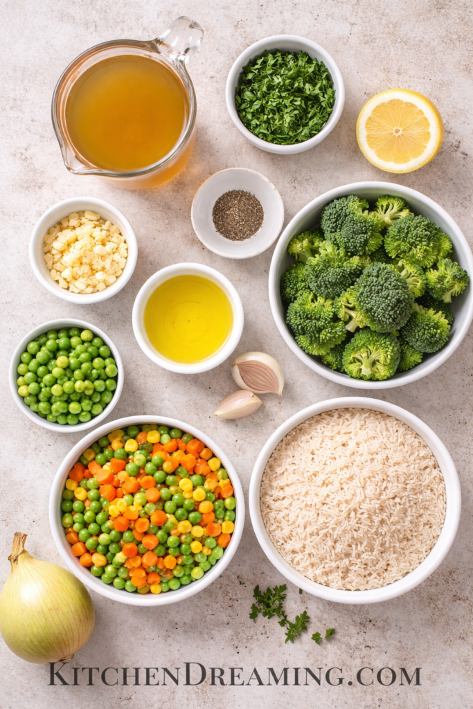 Easy Vegetable Rice Recipe One Pot Flavorful Side Dish 2 Vegetable rice recipe ingredients arranged in an overhead flat lay with rice, broth, and mixed vegetables.