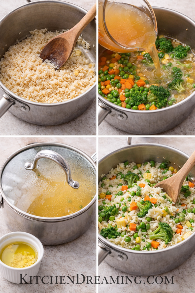 Easy Vegetable Rice Recipe One Pot Flavorful Side Dish 3 Vegetable rice recipe step by step collage showing rice cooking with broth and mixed vegetables.