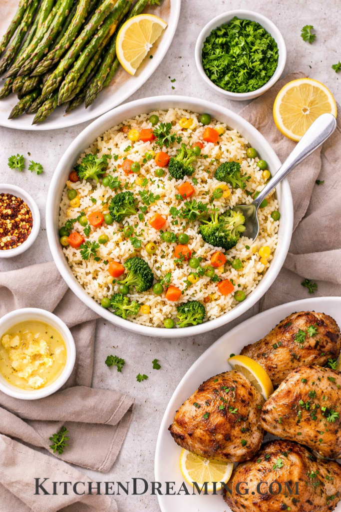 Easy Vegetable Rice Recipe One Pot Flavorful Side Dish 4 Vegetable rice recipe served with grilled chicken and roasted asparagus in an overhead flat lay.