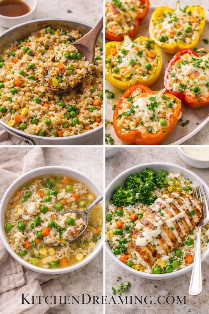 Easy Vegetable Rice Recipe One Pot Flavorful Side Dish 5 Vegetable rice recipe leftovers repurposed into fried rice, soup, stuffed peppers, and grain bowls.
